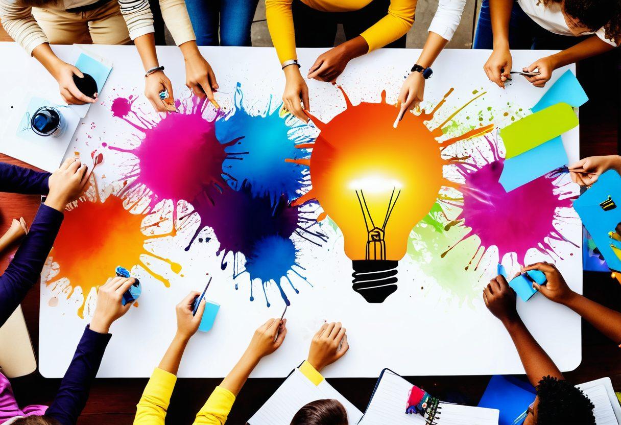 A vibrant collage of various creative elements such as a glowing light bulb, colorful paint splashes, and open notebooks, symbolizing inspiration and ideas. In the background, silhouettes of people collaborating and blogging together in a lively community atmosphere. Bright and playful colors to evoke creativity, with a touch of digital flair to represent online blogging. super-realistic. vibrant colors. white background.
