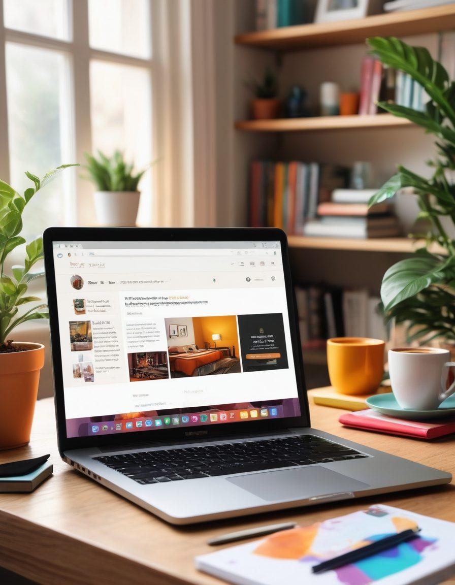 An open laptop displaying a vibrant personal blog layout, surrounded by colorful stationery and a steaming cup of coffee. In the background, a cozy reading nook with plants and a bookshelf filled with journals. A subtle hint of a digital community interface illustrating connectivity among bloggers. Soft natural light illuminating the scene, creating a warm and inviting atmosphere. super-realistic. vibrant colors. cozy aesthetic.
