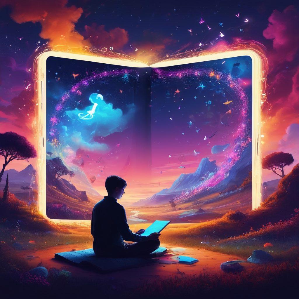 A whimsical scene depicting an open digital diary glowing with light, surrounded by colorful floating story elements like characters, landscapes, and magical objects. In the background, a silhouette of a person sitting cross-legged, writing with inspiration as swirling thoughts take shape in the air. A blend of creativity and technology is highlighted through digital symbols and vibrant colors. vibrant colors. surrealism.